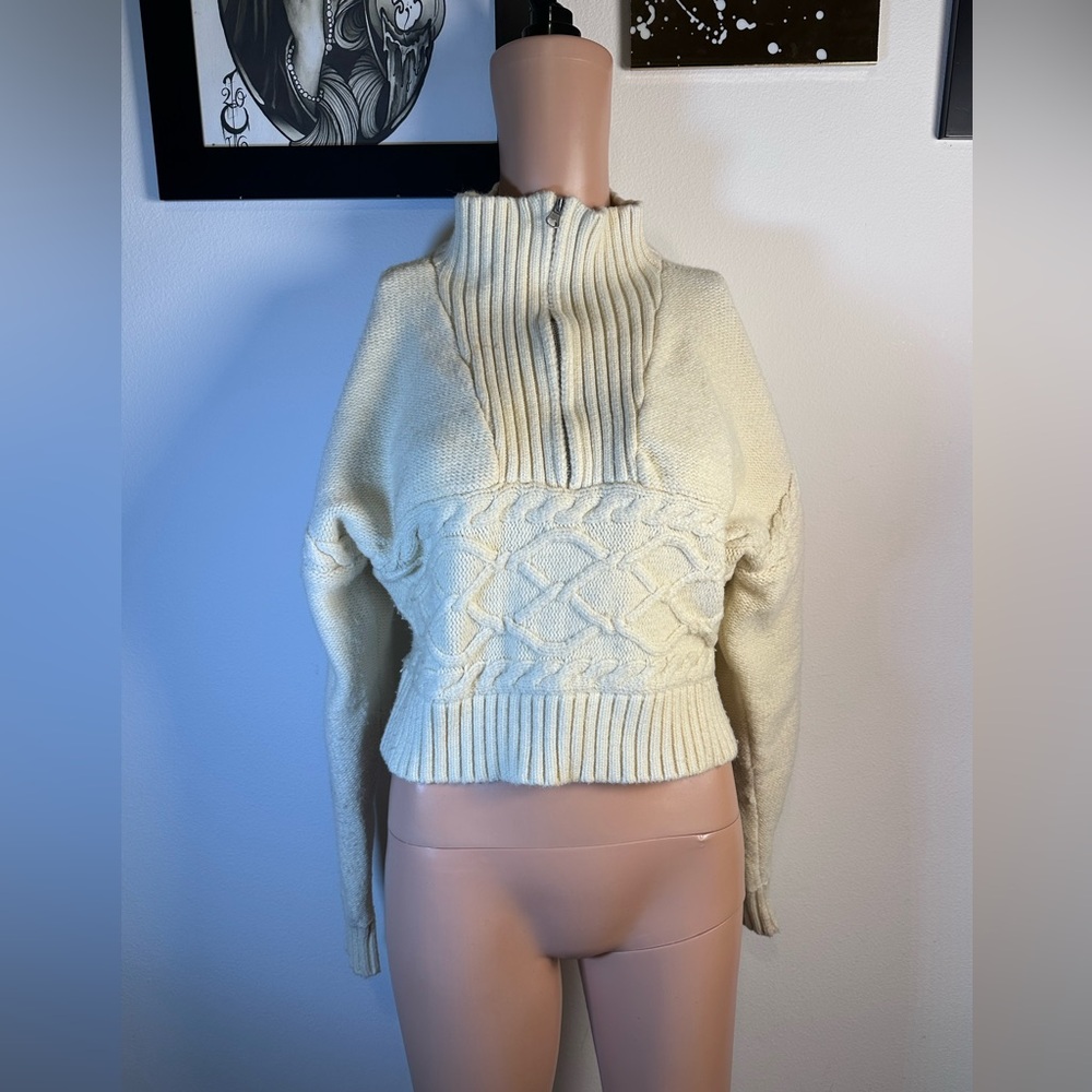 Central Park West Tiegen Cables Half Zip Sweater in Ivory pullover knit - Picture 2 of 7